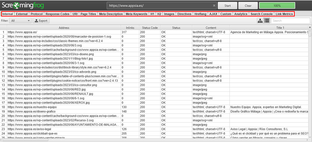 Datos que analiza Screaming frog